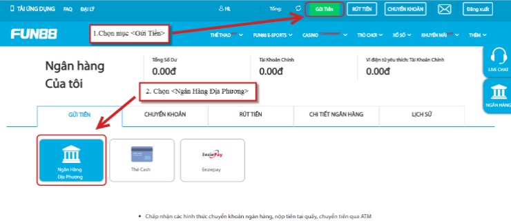 Rút tiền qua ngân hàng địa phương tại nhà cái Fun88